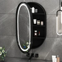 Wall-mounted Solid Wood Oval LED Smart Bathroom Mirror Storage Box Cabinet Bathroom Toilet Wall-mounted Round Mirrors with Light