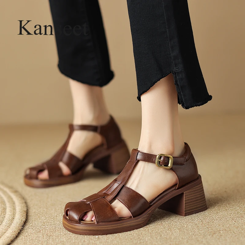 

Kanseet Women Shoes Summer New Roman Sandals Genuine Leather Daily Buckle Strap Casual Lady High Heel Footwear Brown Sizes 33-41