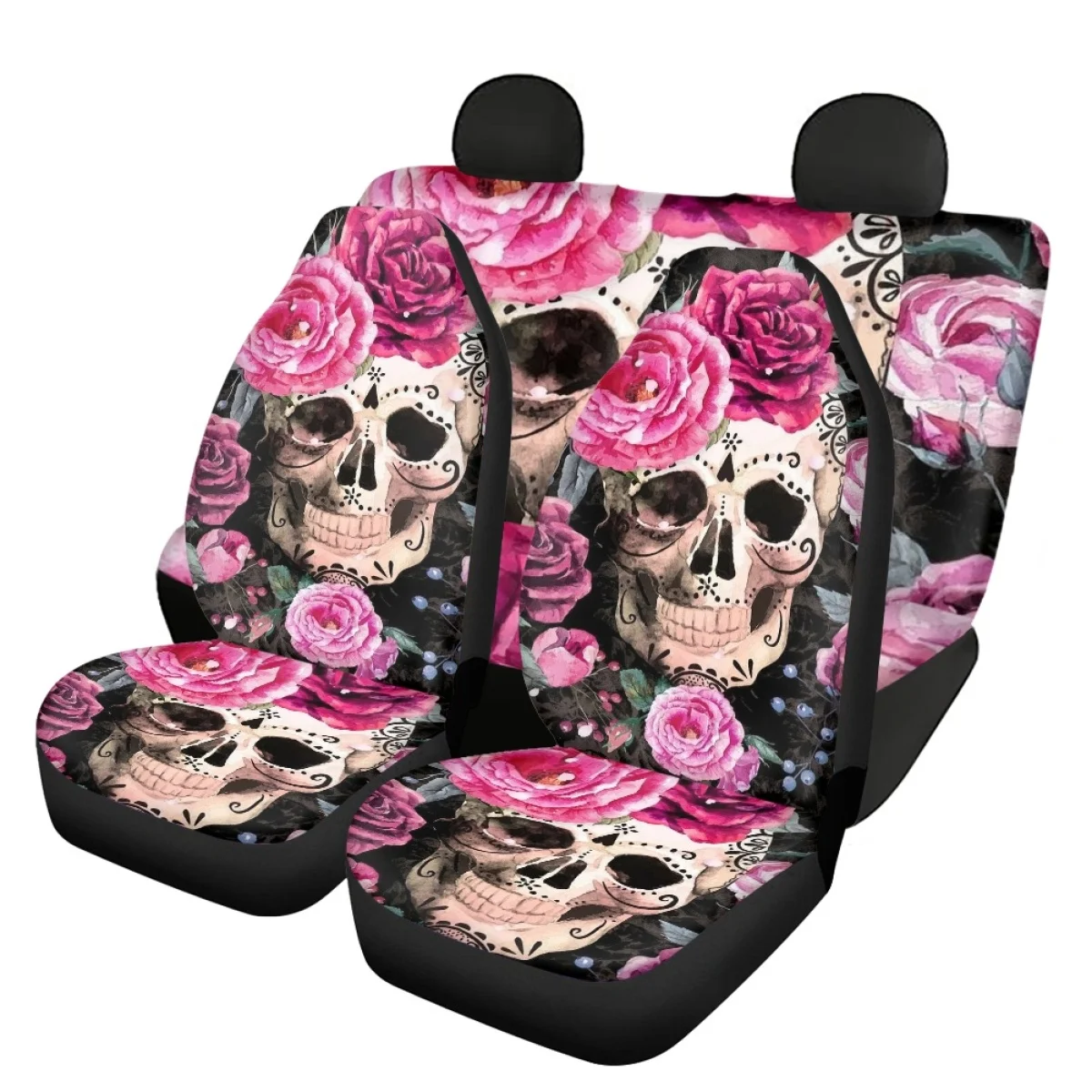 

Чехол на сиденье автомобиля, универсальный дышащий чехол с изображением черепа и цветов, для передних и задних сидений автомобиля, аксессуа...