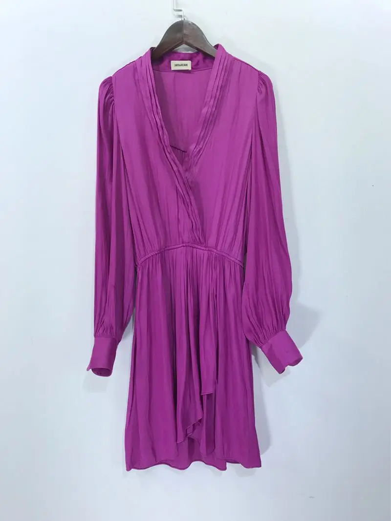 

New Women's Satin V-neck Mini Dress Ladies Sexy Long Sleeves Dress With Elastic on Waist