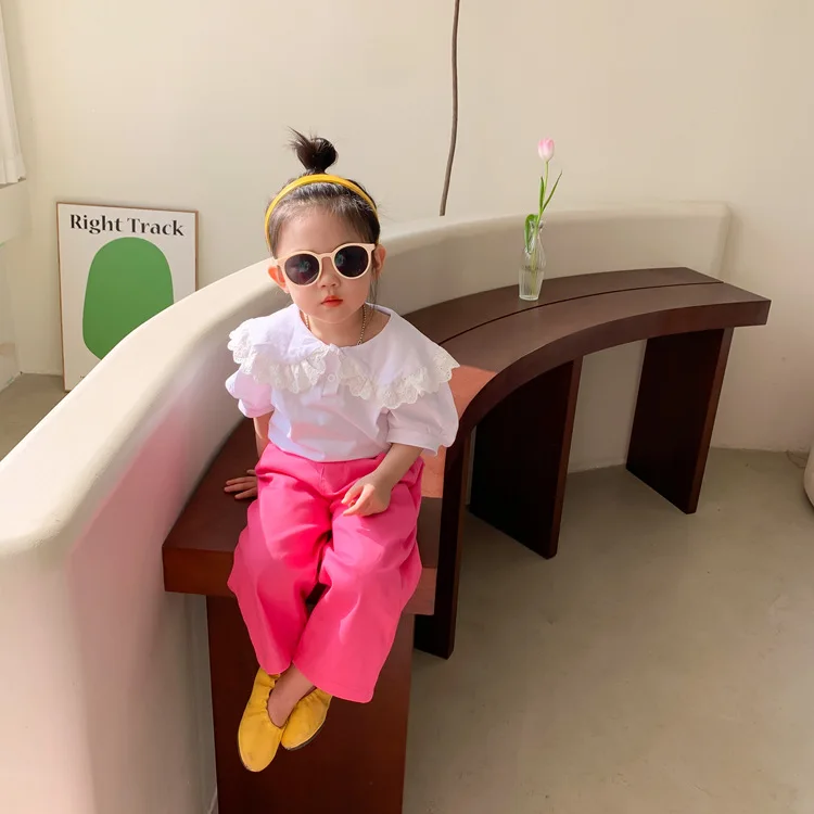 RiniLucia Girls Dresses Kids Clothes White Butterfly Sleeve T-shirt Solid  Dress Pullover lace fashion teen T-Shirt of Girls