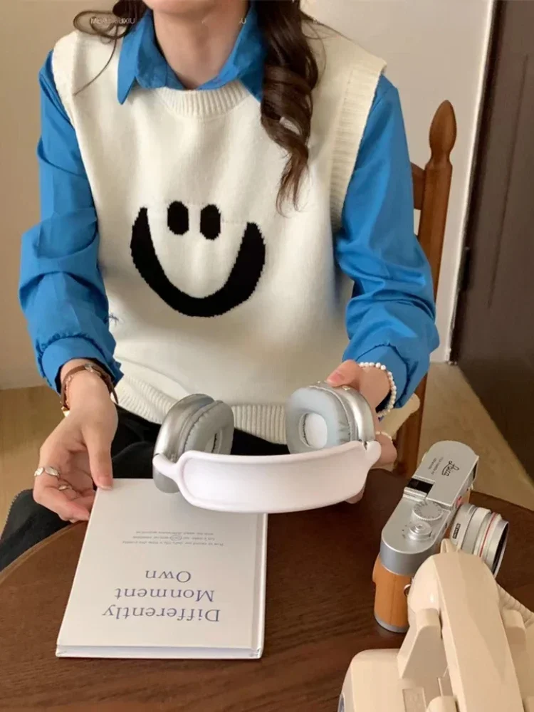 Вязаные жилеты со смайликом и круглым вырезом для женщин осень 2022 новый