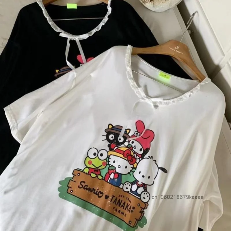 Женская летняя свободная футболка с принтом и кружевными краями