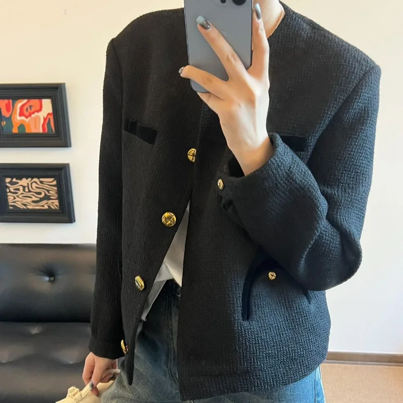 

Черное пальто с золотыми пуговицами, бархатное твидовое шерстяное пальто, верхняя одежда