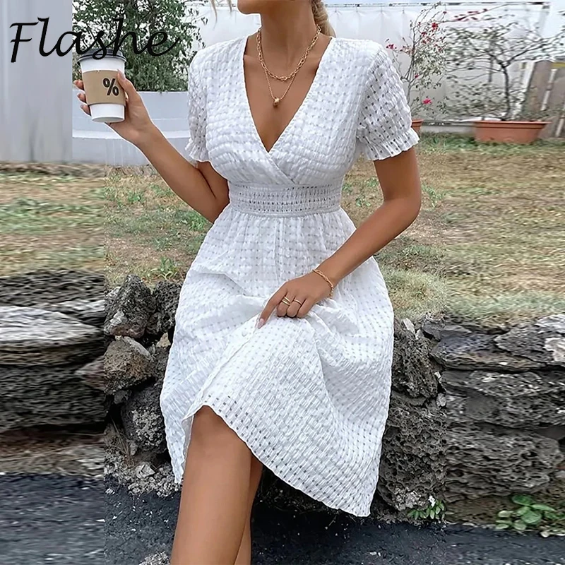 Женское однотонное платье с V-образным вырезом коротким рукавом и