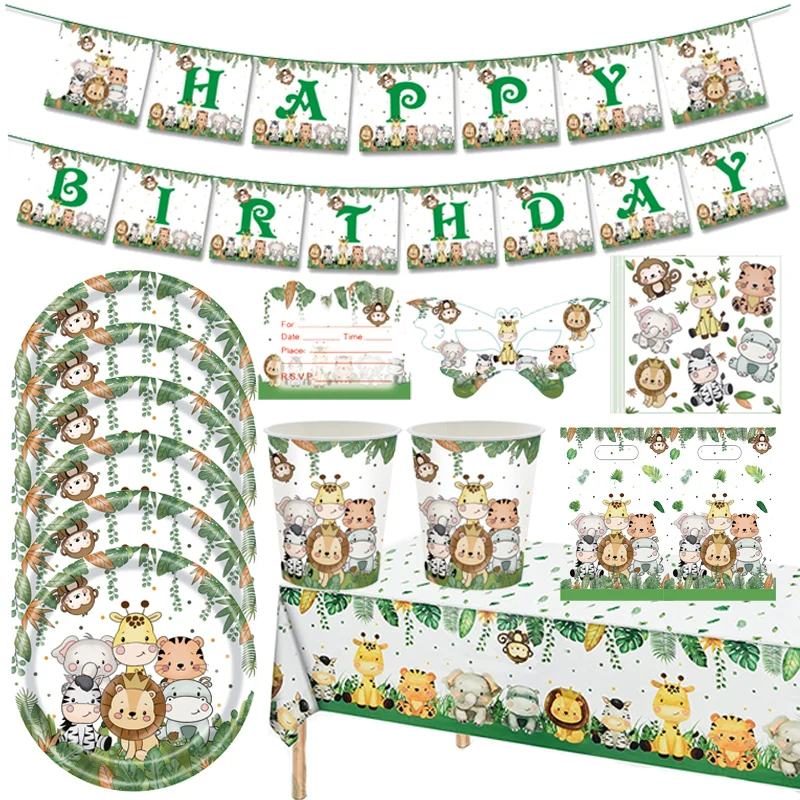 

Jungle Animal Disposable Tableware Set Paper Plates Jungle Safari Birthday Party Decorations Kids Boy Baby Shower Party Supplies