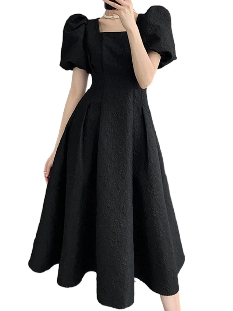 

Jacquard Midi Dress for Women 2023 New Fashion Fairycore Puff Sleeve Square Collar Summer Dress Vintage Y2k Black Dress