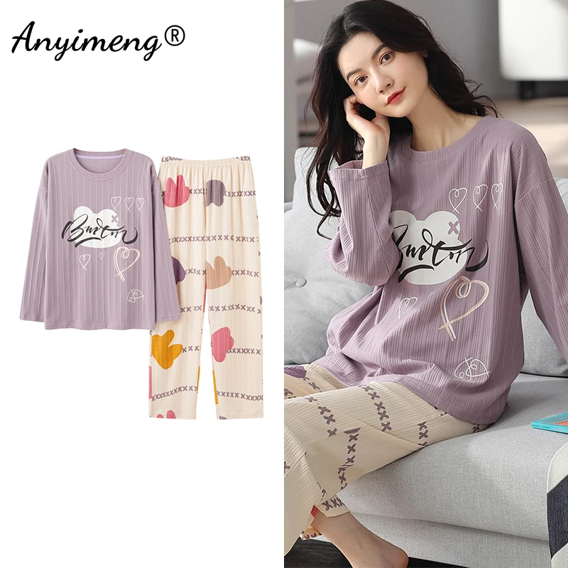 

Autumn Spring Pajamas Set for Women Cute Printing Casual Loungewear for Lady Leisure Girls Lingerie Long Sleeve Cotton Sleepwear