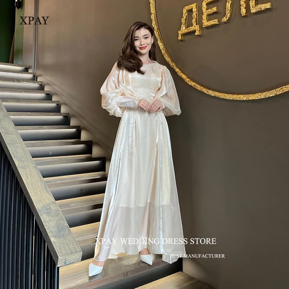 Шелковые вечерние платья XPAY Eleagnt бежевого цвета с глубоким вырезом и длинными