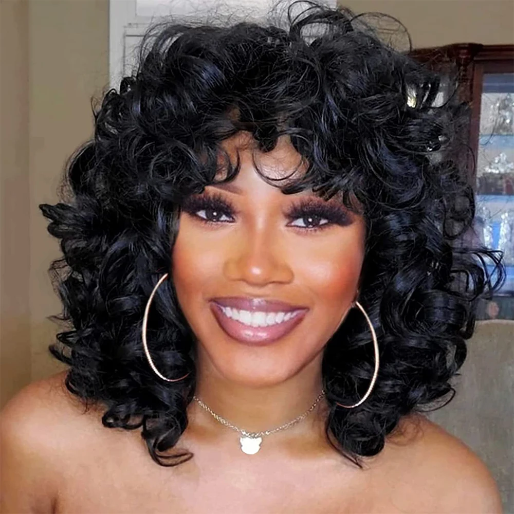 Bouncy Curls Fluffy Wavy Black Human Hair Wigs for Woman Natural Looking Brazilian Hair Wigs 14 Inches Rose Curly Human Hair Wig