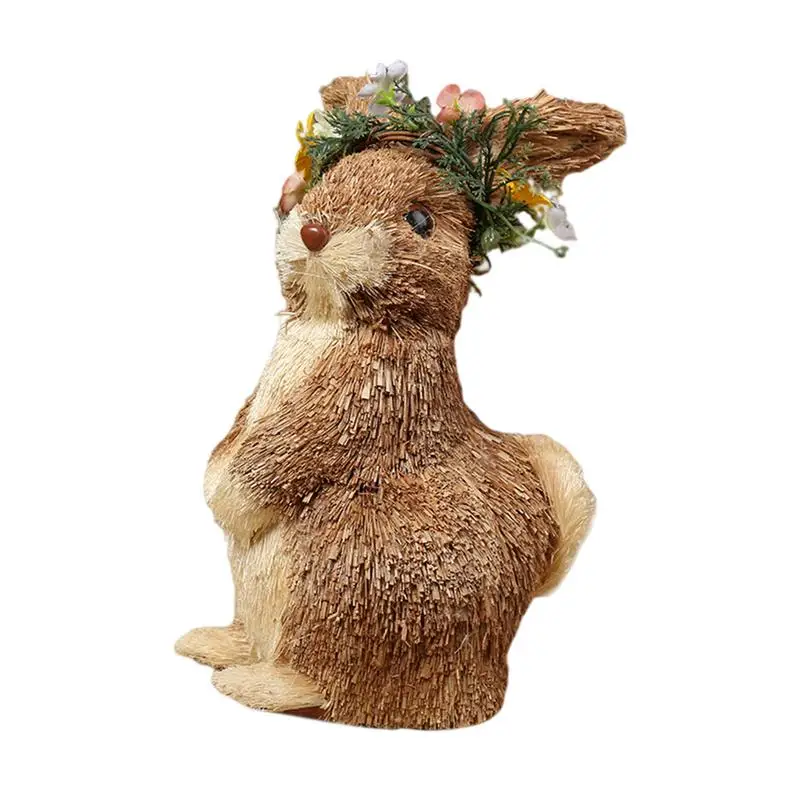 

Straw Rabbit Decor Standing Easter Bunny Tabletop Decoration With Flower Wreath Bunny Tabletop Ornament Easter Rabbit Decoration