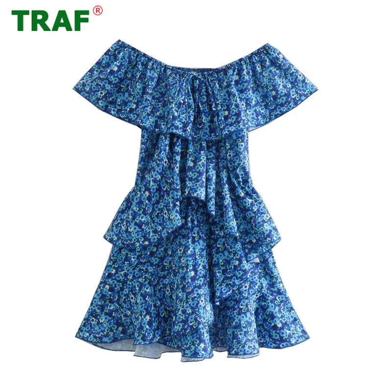 

TRAF Floral Ruffle Dress Women Blue Off Shoulder Dress Woman Jumpsuit Summer Beach Female Dress Short Sleeve Party Mini Dresses