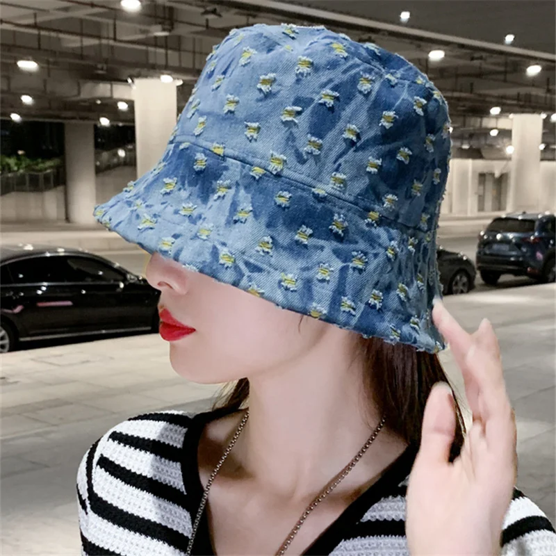 

Trendy Luxury Designer Washed Ripped Denim Fisherman Hat for Women Summer Outdoor Panama Travel Foldable Sunshade Bucket Men