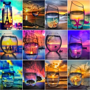 CHENISTORY Frame Diy Painting By Numbers Sunset Bottle Seascape 50x65cm Drawing By Numbers For Home Decors Handicraft Gift