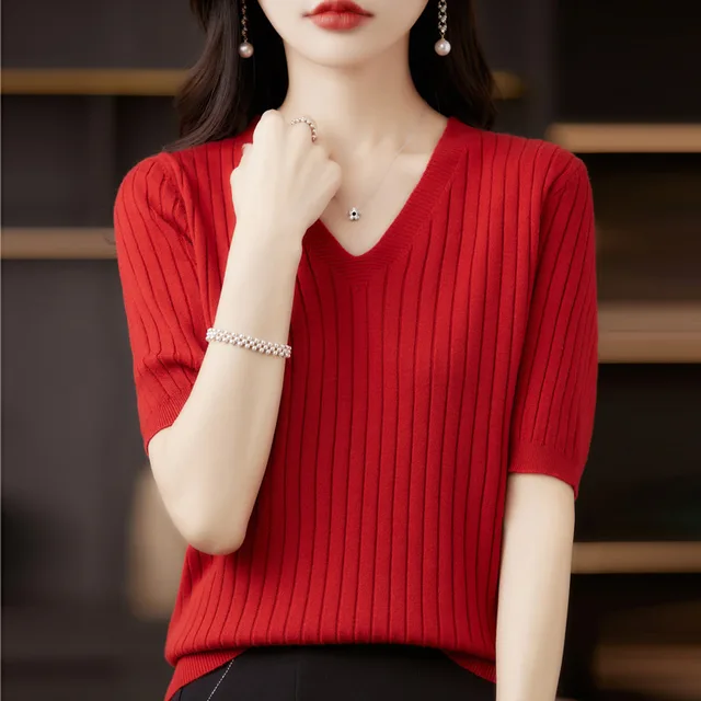 Women Sweater Short Sleeve V-neck Stripe Slim Fit Shirt