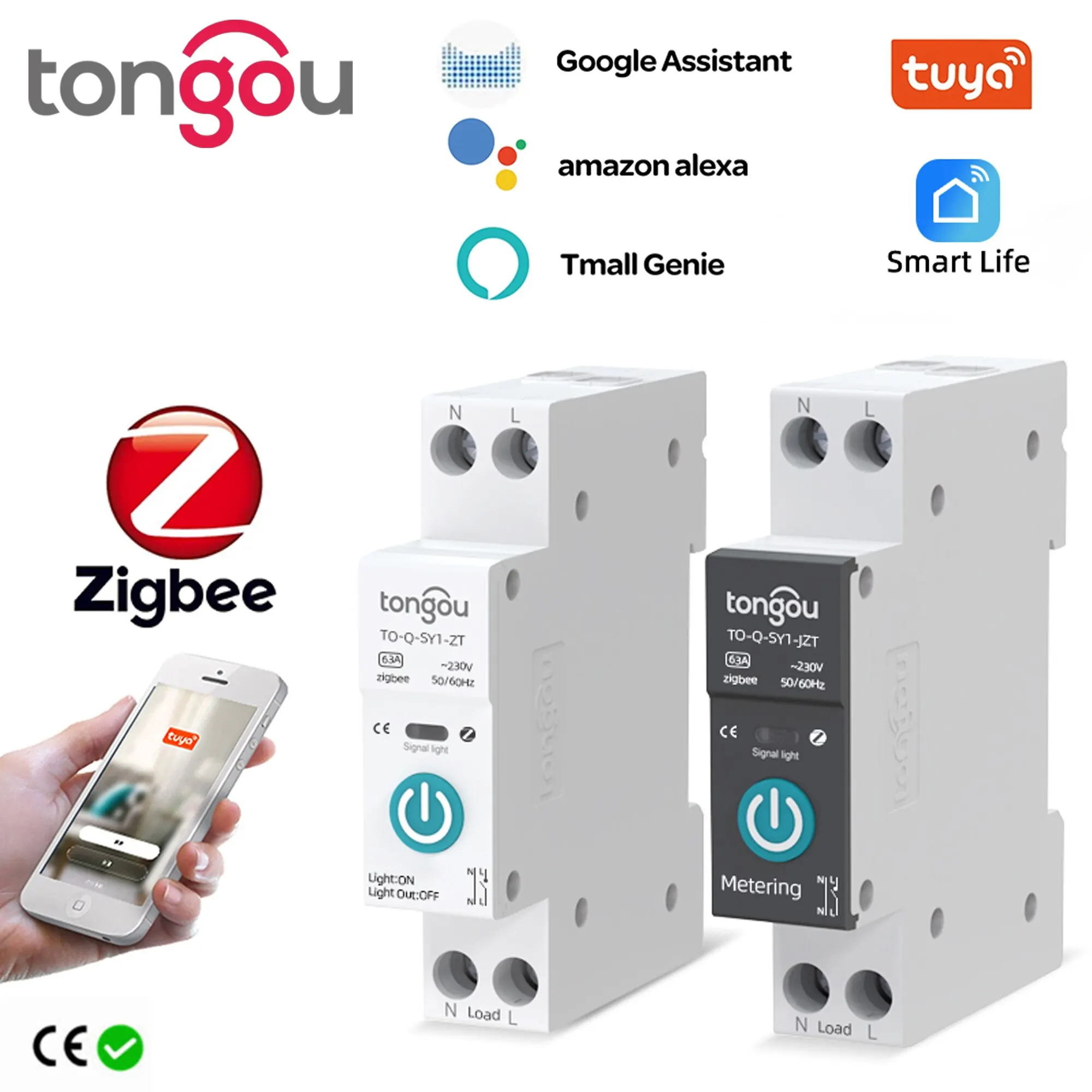 TUYA ZigBee Smart Circuit Breaker Smart Switch 1P 63A DIN Rail for Smart Home Wireless Remote Control WiFi Switch by APP TONGOU