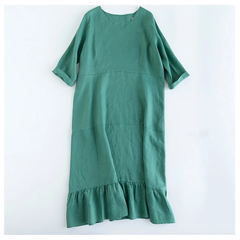

Limiguyue Cotton Linen Mermaid Dress Holiday Summer V-neck Dress Ruffled Midi Long Dresses Women Casual Boho Daily Wear J264