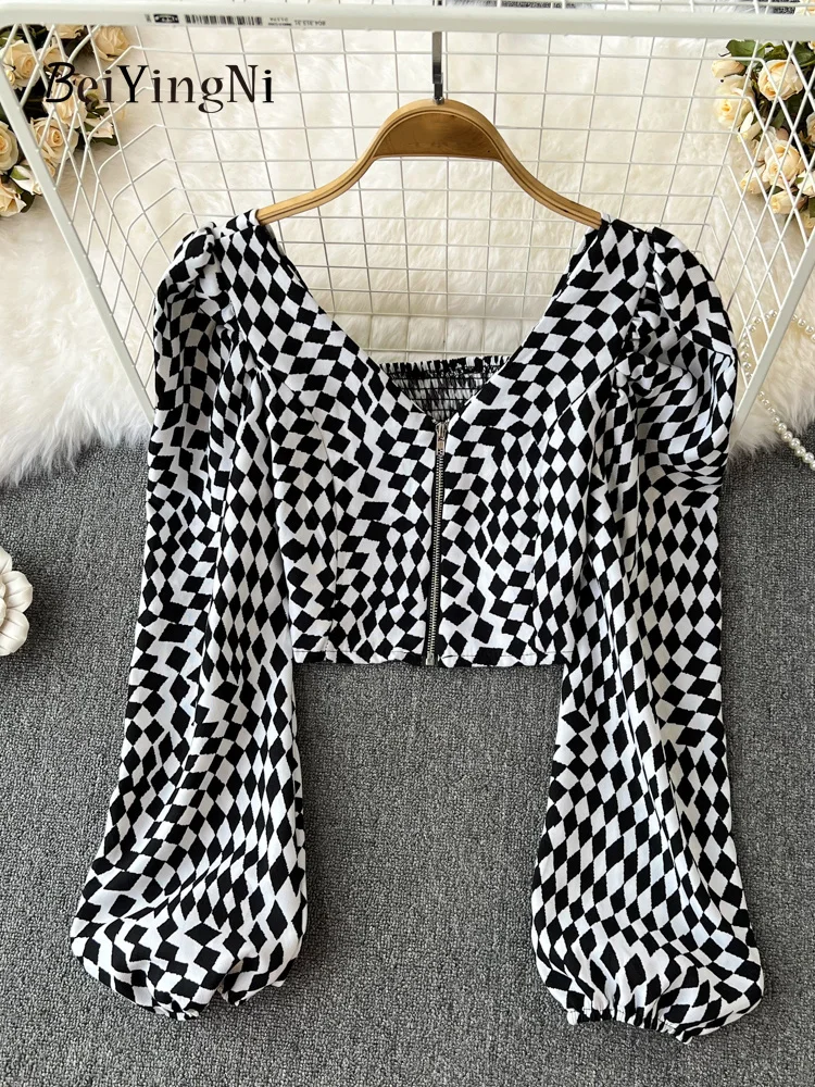 

Fahion Plaid Blua Women Cropped Top Vintage Zipper Elatic V-neck hirt Female Caual Korean Long leeve Bloue