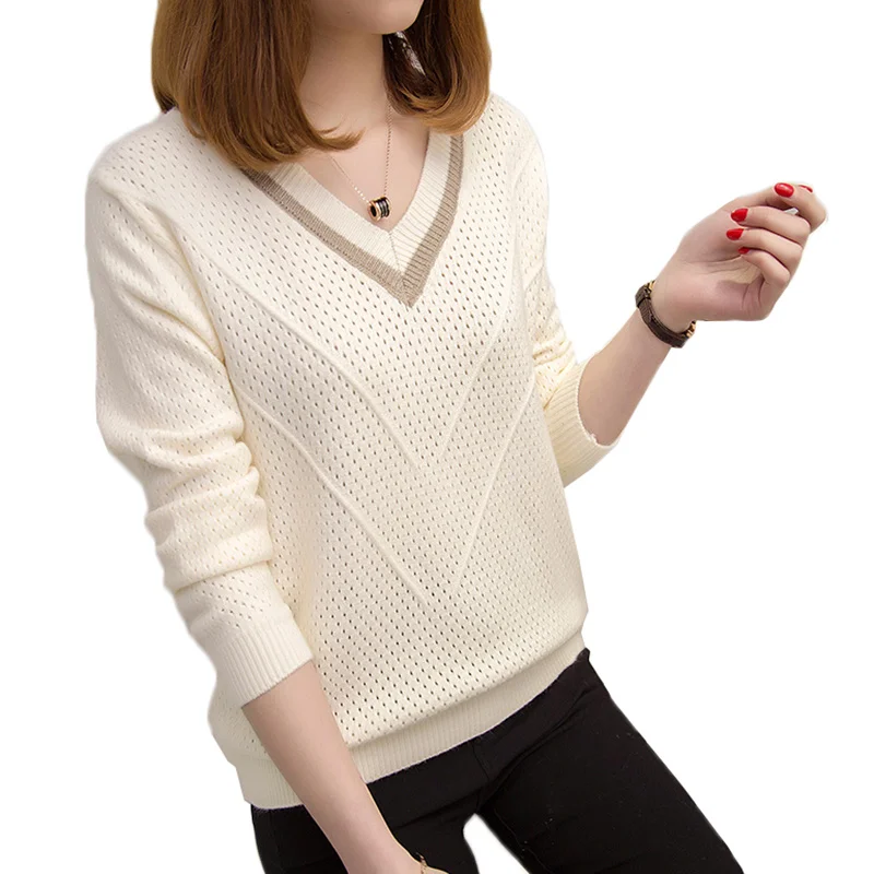 

V-neck Loose Short Knit Pullover Women Sweater long-sleeve Thin Sweater 2023 Spring Autumn Femmes Casual Tops Female