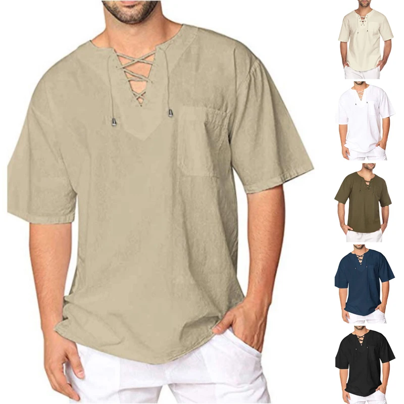 

Summer New Men's Short Sleeve T-shirt Cotton Hemp Shirt Tied Lead Casual Men's T-shirt Shirt