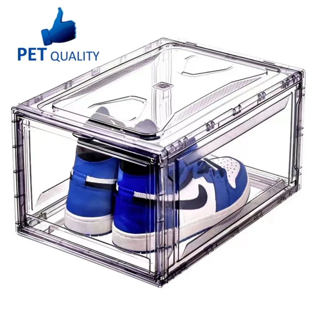 

Front Open Sneaker Shoe Storage Box Magnetic Suction Drawer Type Display Stack Able Clear Shoes Box Shoe Rack Closet Organizer