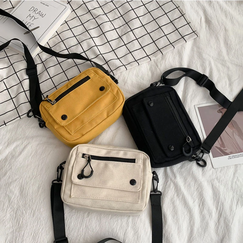 2023 Canvas Women's Crossbody Bag New Korean Shoulder Handbag Solid Color Student Phone Bag Simple Shopper Zipper Purse Bag