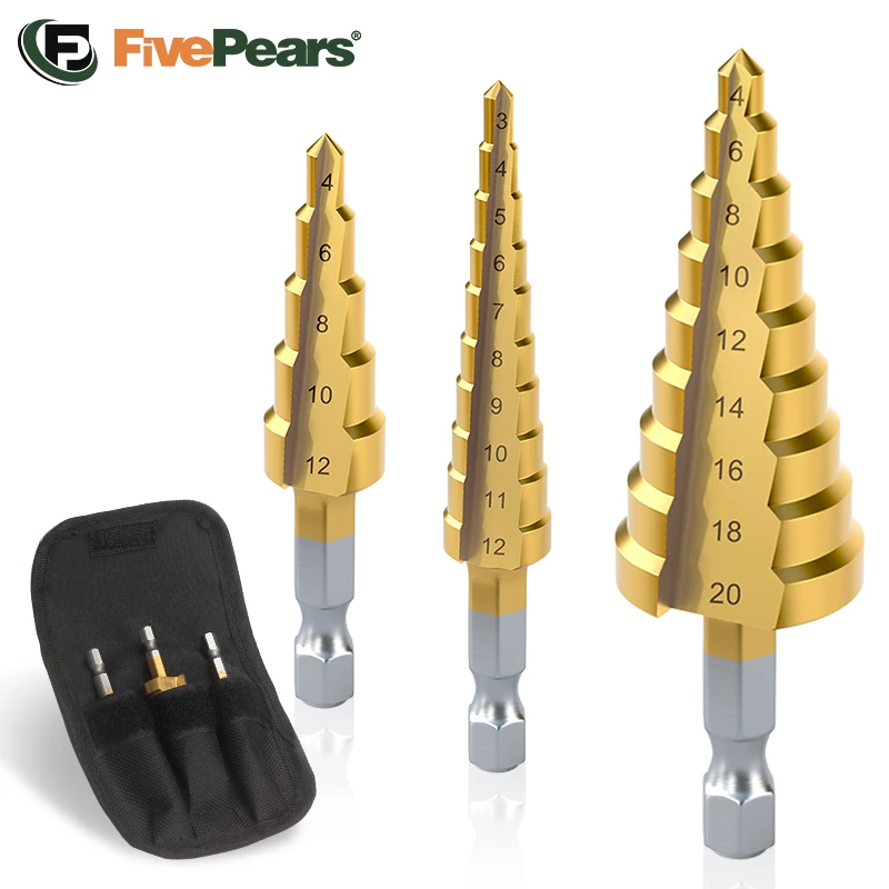 FivePears Step Drill Bit Set，HSS Material, Titanium Plated Surface，Applicable To:Soft Metal Materials Such As Wood/Plastic/Brass