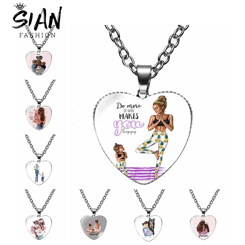 

Happy Family Super Mom Heart Pendant Necklace Boys Girls Love Mother Chain Necklaces Glass Cabochon Jewelry Mother's Day Gifts