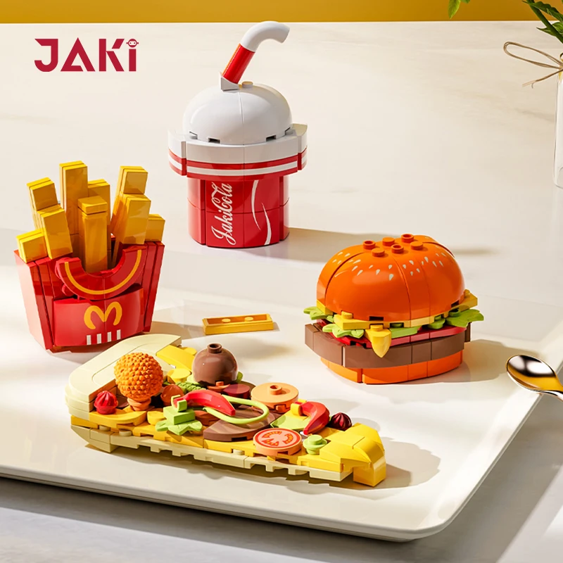 

JAKI Ideas Refrigerator Sticker Burger Fries Pizza Sandwich Coke Fridge Stickers Building Bricks Set Toys for Kids Birthday Gift