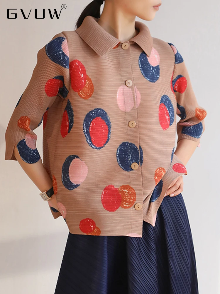 

Женская плиссированная рубашка GVUW с геометрическим принтом в горошек, весна-лето 2022, однобортный Повседневный Топ с отворотом, женская одеж...