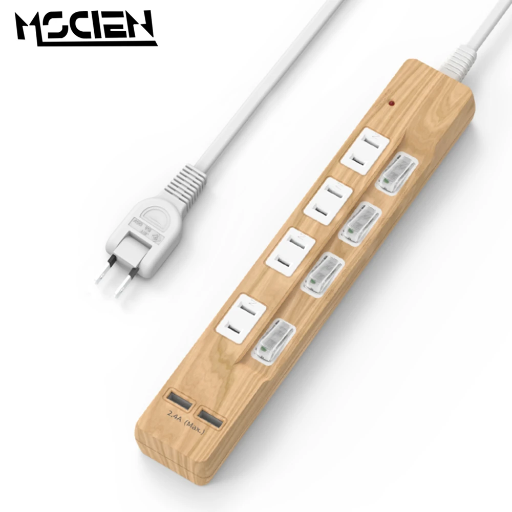 

MSCIEN Wood Design Power Strip 2M Extension Cable Electrica Socket with 2 USB Ports for Home Multiple Sockets Surge Protector