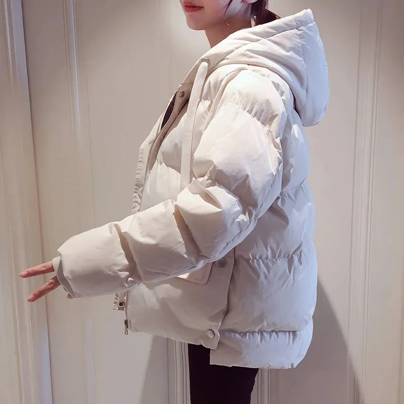 Women Hooded Thicken Cotton Padded Parkas Winter Baggy Pink Basic Snowwear Overcoats Korean Casual Warm Solid Windproof Jackets