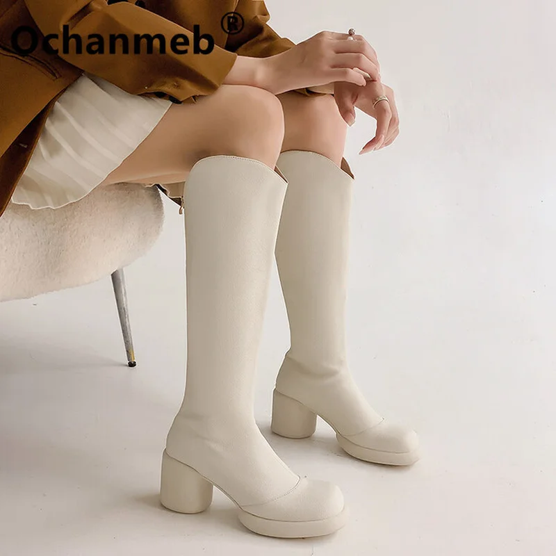 

Ochanmeb Fashion Women Round Chunky High Heels Riding Boots Black Beige Round Toe Zipper Kneehigh Boot Ladies Autumn Winter 2022
