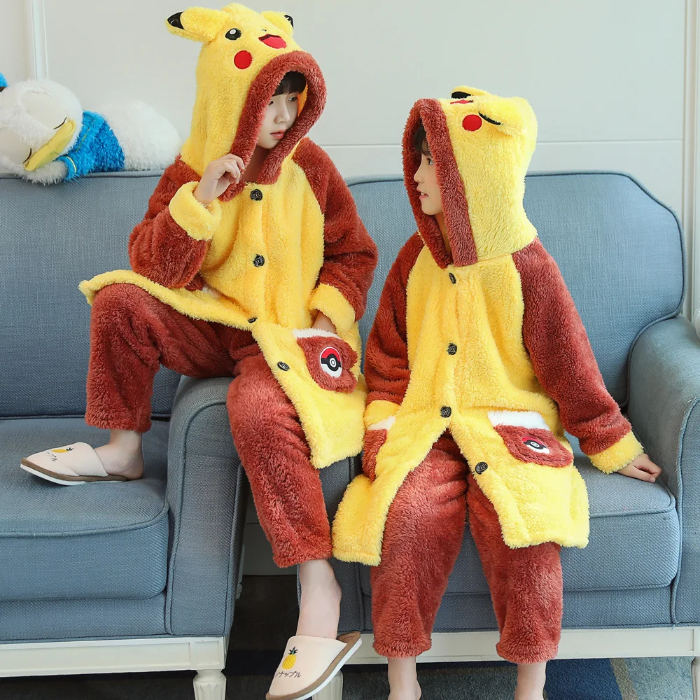 

Pokemon Pikachu Anime Cartoon Nightgown Autumn Winter Thickened Coral Velvet Pajamas Kawaii Children's Suit Flannel Bathrobe