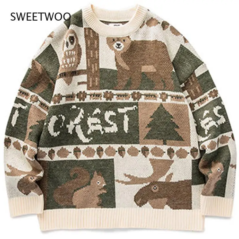 Winter Vintage Sweater Men New Japanese Cute Bear Couples Knitted Sweater Pullover Hip Hop Harajuku Streetwear Men Clothing Tops