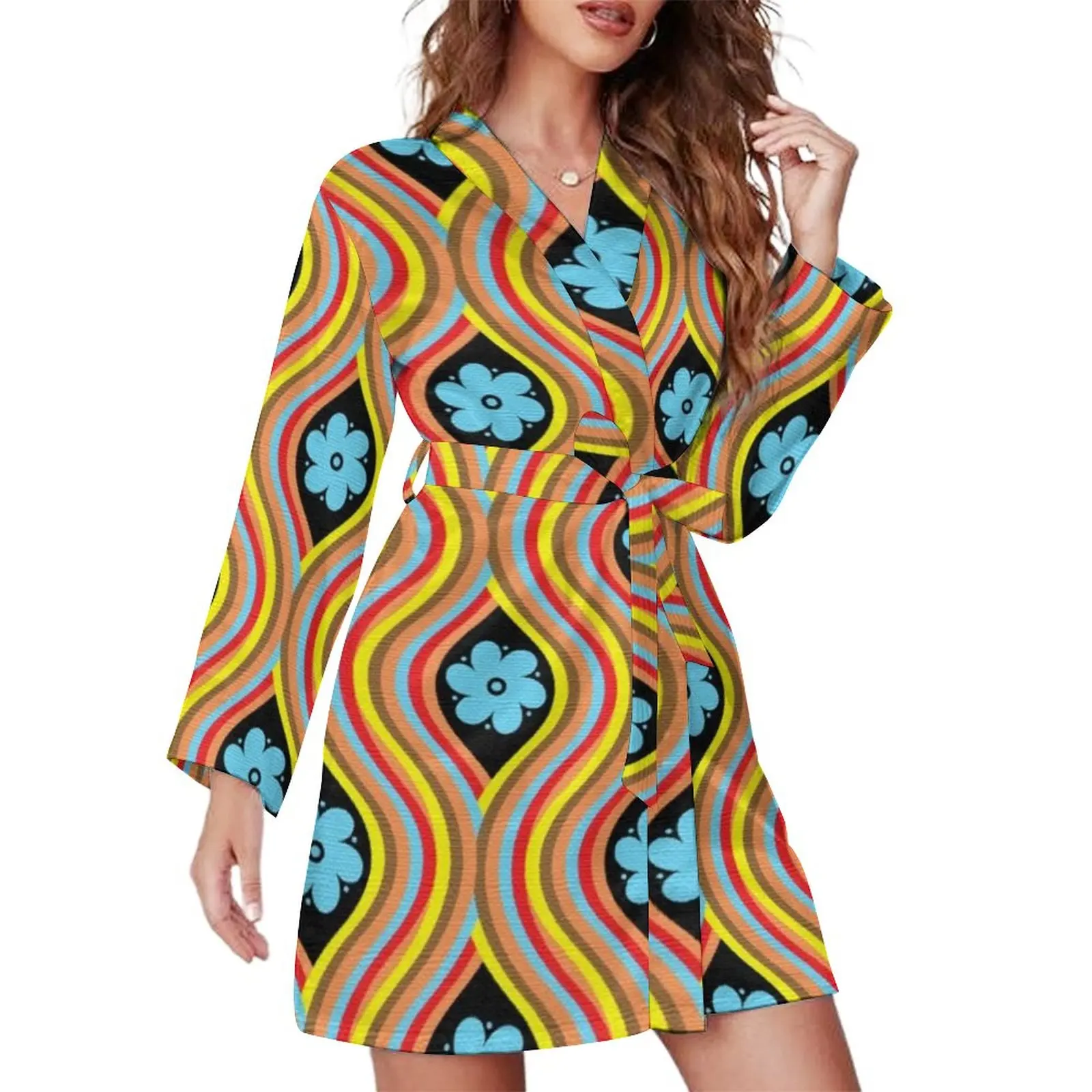 

70S Retro Hippie Pajama Robe Bohemian Flower Power Comfortable Pajamas Robes Women V Neck Fashion Sleepwear Autumn Graphic Dress