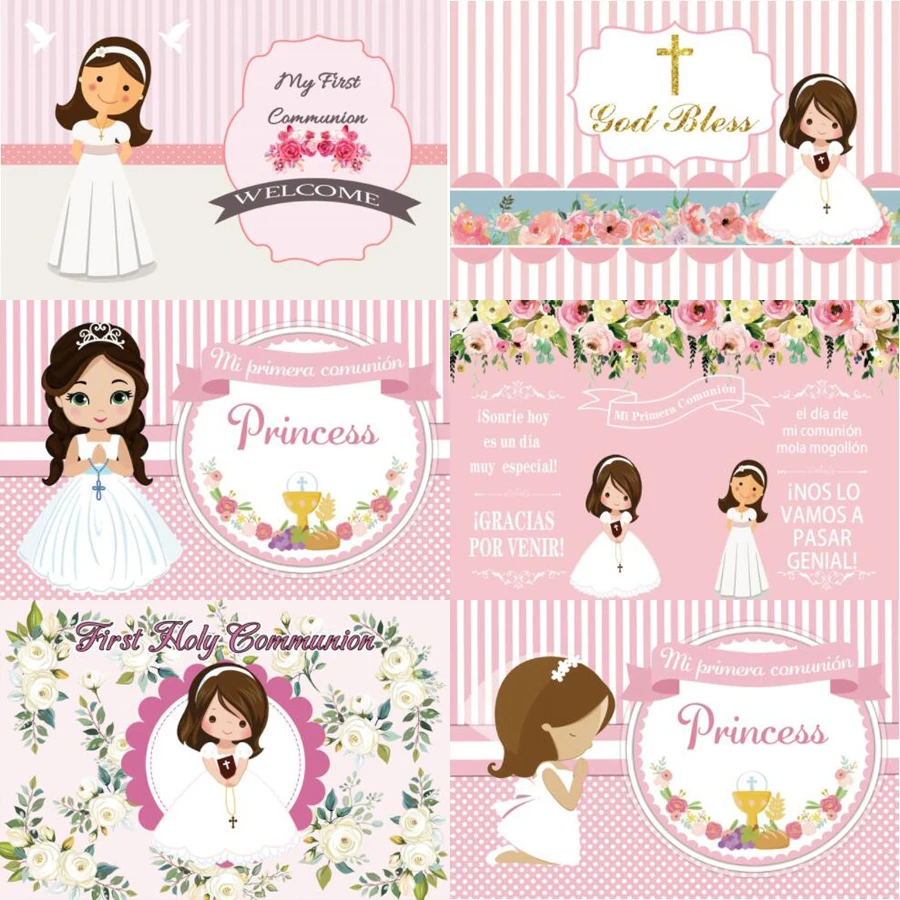 

Mi Primera Comunión Photo Background Pink Stripes Princess Portrait Custom Photography Backdrop Props Child First Holy Communion
