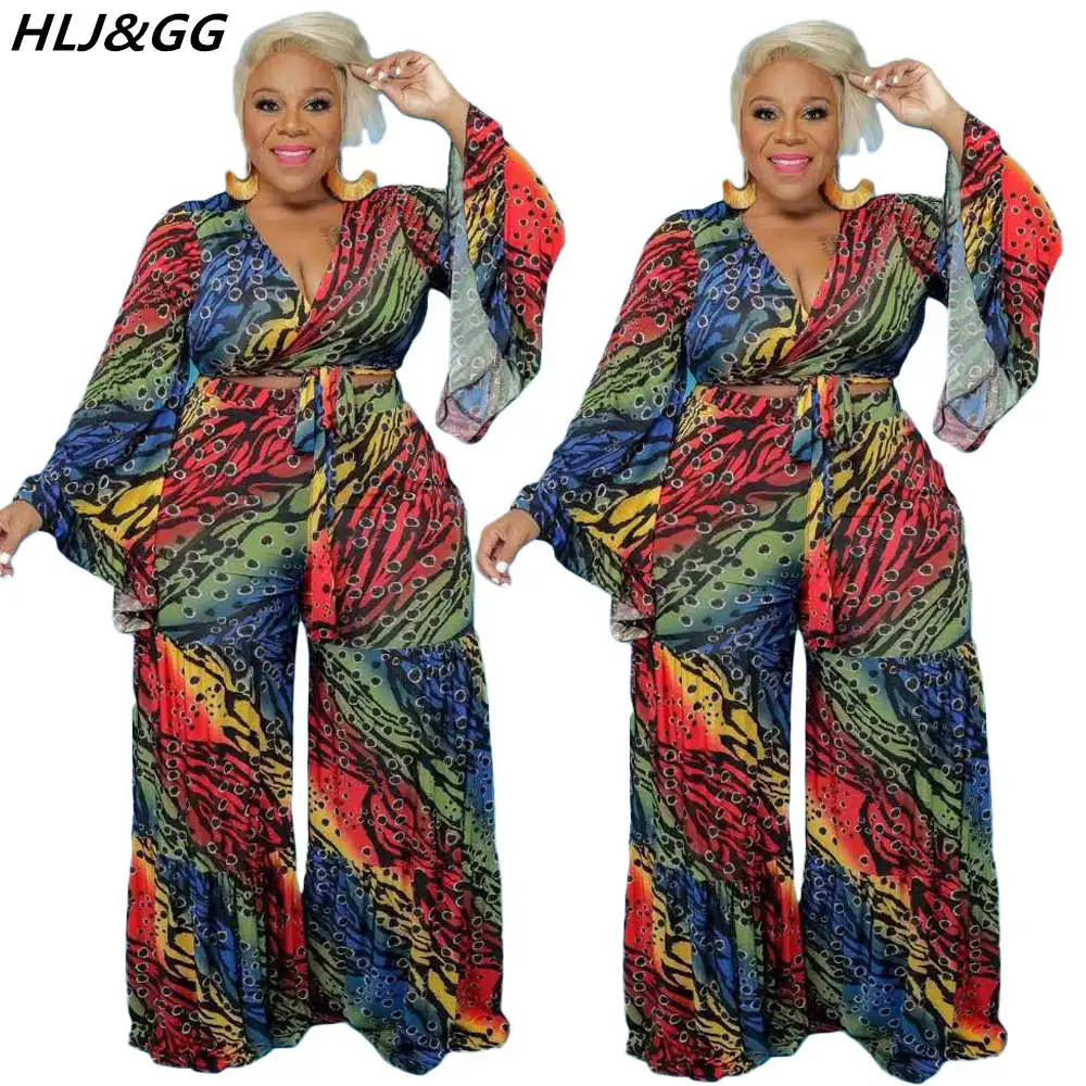 HLJ&GG Plus Size Retro Print Two Piece Sets Women V Neck Long Sleeve Crop Top + Wide Leg Pants Outfits XL-5XL Casual 2pcs Suits