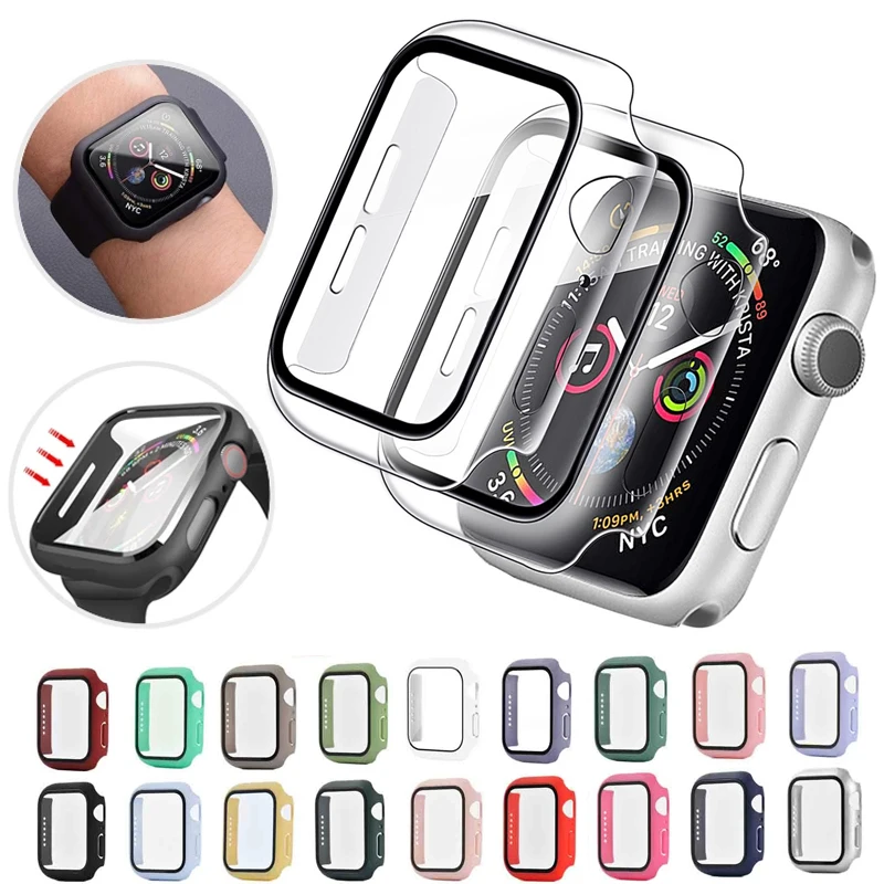 

Закаленное стекло + чехол для Apple Watch 7 41/45 мм, полная защита экрана для iWatch Series 6 SE 5 4 3 2 1 38 мм 40 мм 42 мм 44 мм, бампер