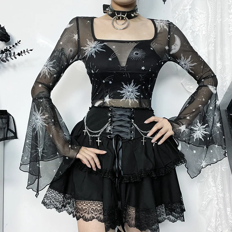 

Goth Dark Mesh See Through E-girl Grunge Sexy T-shirts Mall Gothic Sun Moon Print Women Crop Tops Punk Flare Sleeve Bodycon Tees