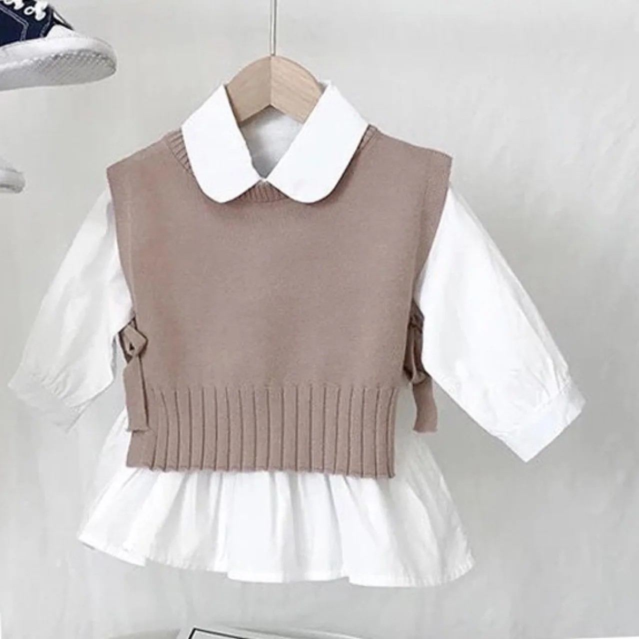 

Весенне-осенний вязаный свитер для маленьких девочек карамельных цветов, жилет, рубашки, комплекты одежды, детская Корейская блузка, жилет, ...