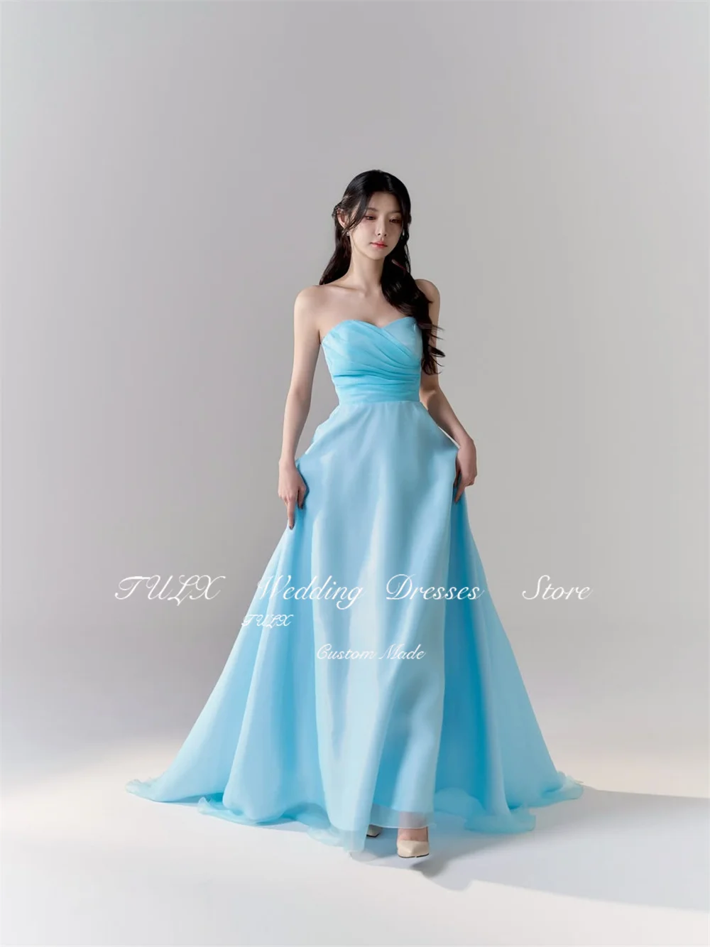Фото Вечернее платье TULX Fairy из органзы, синее, для фотосессий в Корее, с вырезом-сердечком и шалью, платье для свадебной вечеринки, длинное платье с корсетом, на заказ. №4