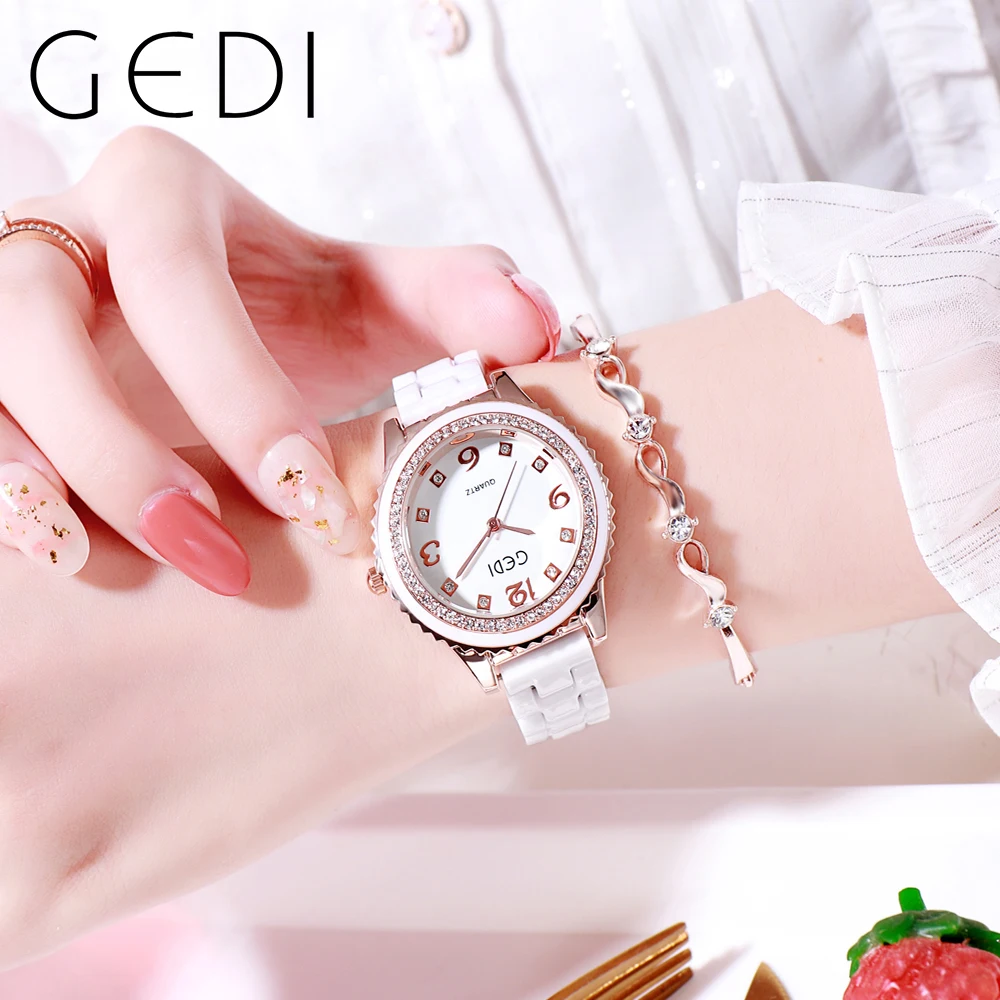 GEDI Luxury White Ceramic Women Watch Full Diamond Woman Fashion Watch 30m Waterproof Quartz Female Wristwatch Dropshipping 2023