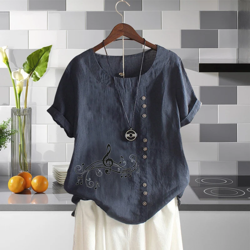 

2022 New Arrival Ladies Summer Solid Tops Musical Printed Linen T Shirt Leisure Loose Round Neck Short Sleeve Blouse XS-5XL