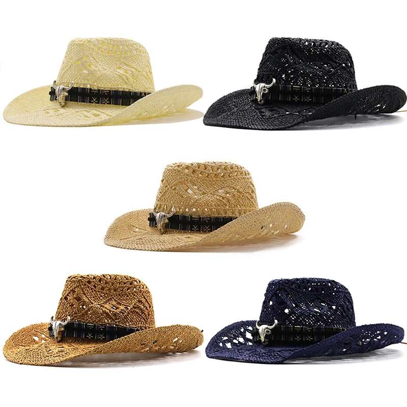 

Fashion Hollowed Handmade Cowboy Straw Hat Women Men Panama Summer Outdoor Travel Beach Hats Unisex Solid Western Sunshade Cap