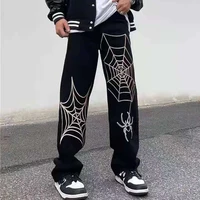 emo men fashion alt spider web embroidery straight black jeans pants ripped oversize loose denim trousers streetwear clothes