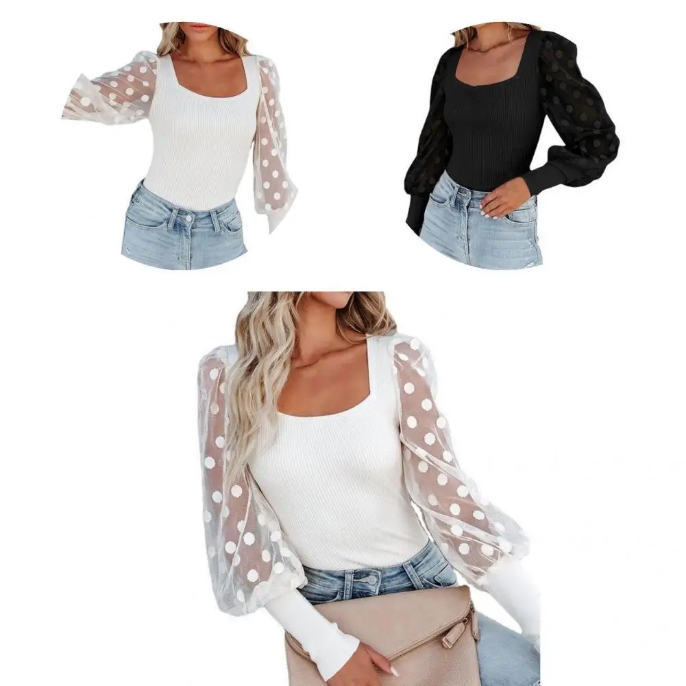 

Fashion Mesh Puff Sleeve Lady T-shirt Top Pullover Top Comfy Anti Pilling