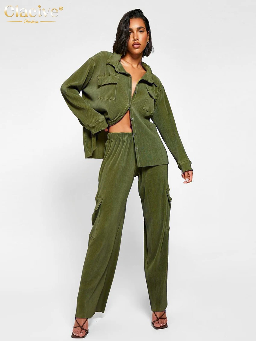 

Clacive Fashion Green Pleated Two Piece Sets Womens Outifits Streetwaer Long Sleeve Blouse With Elastic Waist Cargo Pants Set