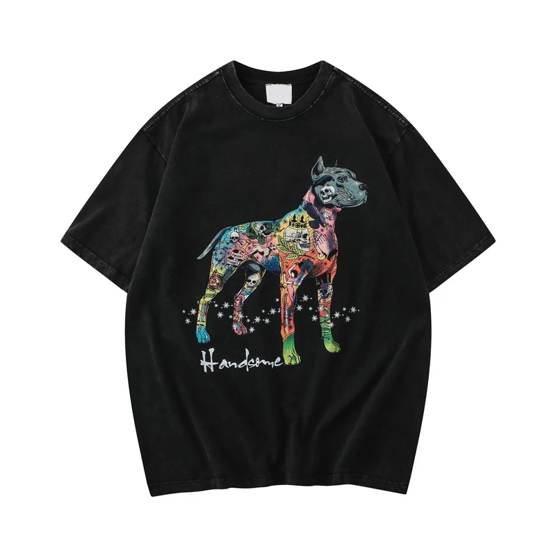 

Unisex Tide T-shirt Washed Summer Cartoon Art Dog Print Casual Loose Short Sleeve Shirts Women And Men High Street RAINBOW WAVES