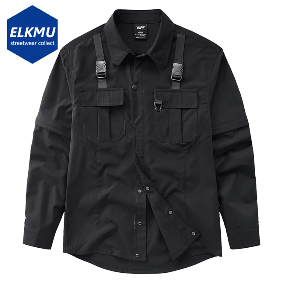 Men's Techwear Button Up Shirt Oversized Streetwear Harajuku Hip Hop Shirts Detachable Sleeve Black Tooling Button Up Blouse